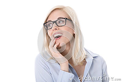 Portrait of astonished business woman with eyeglas Stock Photo