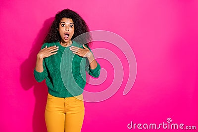 Portrait of astonished girl look hear listen wonderful news unbelievable unexpected information scream wow omg in autumn Stock Photo