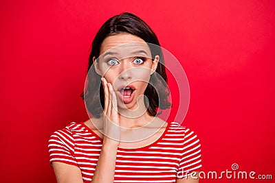 Portrait of astonished impressed lady scream shout horrified terrible news novelty touch cheeks hand palm yell gossip Stock Photo