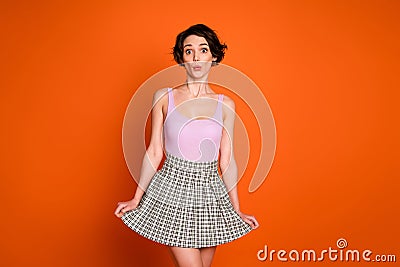 Portrait of astonished sweet girl lady have spring free time look incredible novelty impressed wear casual style clothes Stock Photo