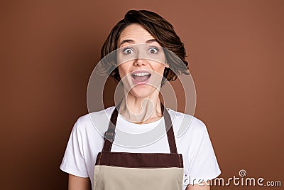 Portrait of attractive amazed impressed cheerful girl good news reaction isolated over brown color background Stock Photo