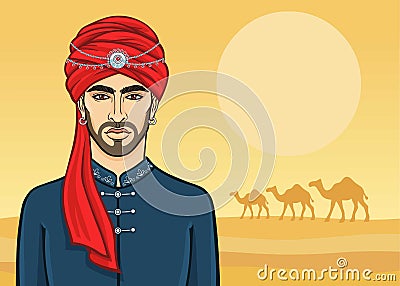 Portrait of the attractive Arab man in a turban. Vector Illustration