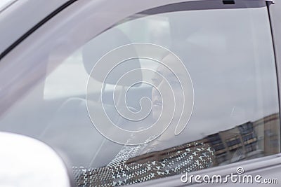 portrait of attractive brunette in grey checkered dress in a black car. girl in automobile. business woman Stock Photo