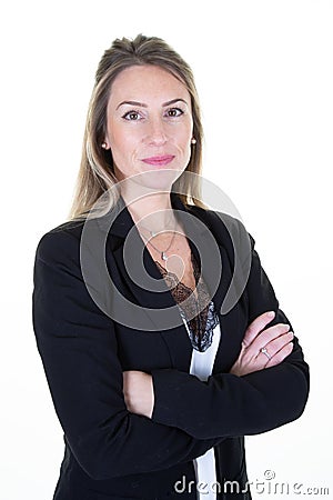 Portrait attractive lovely charming cute cheerful business woman enjoying folded arms isolated over white background Stock Photo