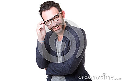 Attractive middle age man with glasses smiling against white background Stock Photo