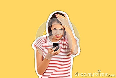 Portrait of attractive unhappy girl in striped T-shirt looking at smart phone in her arm with shocked, holding hand on head. WTF Stock Photo