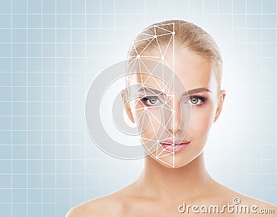 Portrait of attractive woman with a scnanning grid on her face. Face id, security, facial recognition concept. Stock Photo