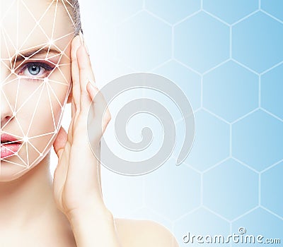 Portrait of attractive woman with a scnanning grid on her face. Face id, security, facial recognition, future technology Stock Photo