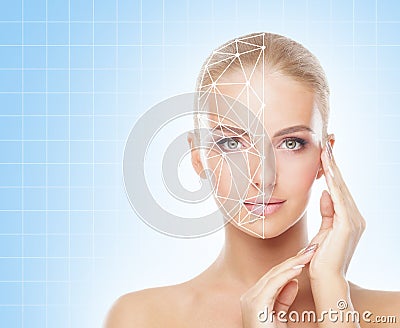 Portrait of attractive woman with a scnanning grid on her face. Face id, security, facial recognition, future technology Stock Photo