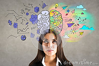 Portrait of attractive young european businesswoman with creative colorful brain sketch on wall background. Brainstorm and Stock Photo