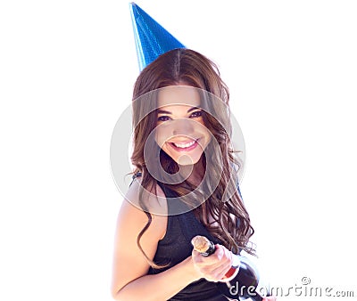 Popping bottles. Portrait of an attractive young woman about to pop a bottle of champaign. Stock Photo