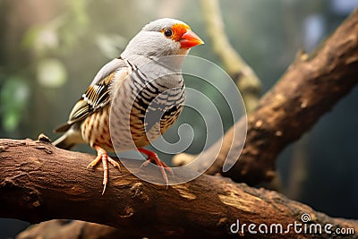 Portrait of an Australian Zebra Finch perched on a branch. Wild male exotic bird sit on a tree branch. Generative AI Stock Photo