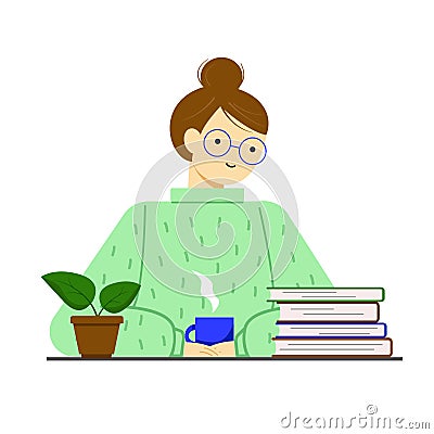 Portrait, avatar of a young woman, a stack of books on the table, a Cup of hot drink and a potted plant. Vector Illustration