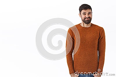 Portrait of awkward and uncomfortable caucasian bearded man, smirk and grimacing, cringe unwilling do something Stock Photo