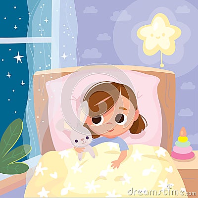 Portrait of baby in the bed. Bed time Stock Photo