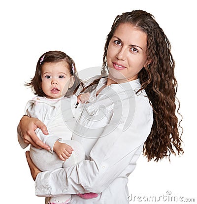 Portrait of baby girl and mother on white, happy family Stock Photo