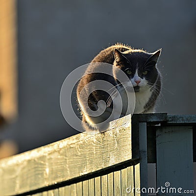 Backlighted cat sitting on wooden fence and staring at photographer. Stock Photo