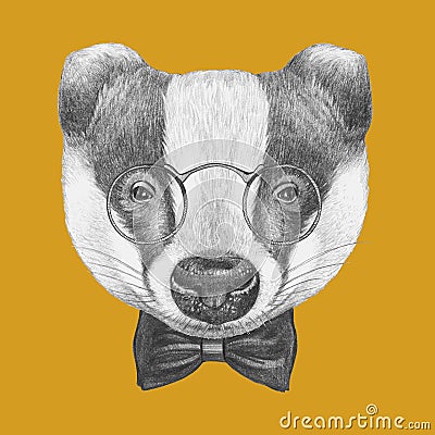 Portrait of Badger with glasses and bow tie. Cartoon Illustration