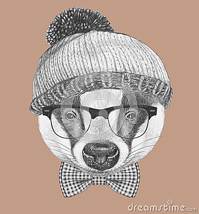 Portrait of Badger with glasses, hat and bow tie. Cartoon Illustration