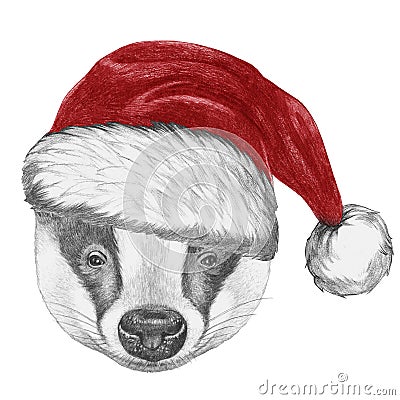 Portrait of Badger with Santa Hat. Cartoon Illustration
