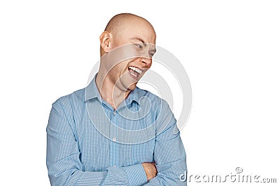 Portrait bald man laughing mockingly at something or someone on an isolated white background Stock Photo