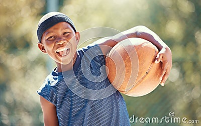 Portrait, basketball and happy black boy ready to train outside for fitness, health and wellness. Sports, childhood and Stock Photo