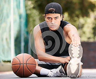 Portrait, basketball and man stretching legs for flexibility, wellness or mobility. Sports, fitness and basketball Stock Photo