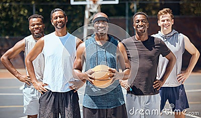 Portrait, basketball and team on sports court training for a competition, game or match with a smile. Workout, athletes Stock Photo