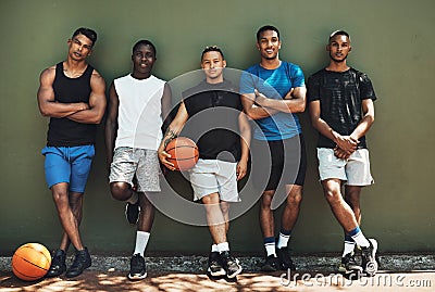 Portrait, basketball and team after sports training for a game on an outdoor professional court. Workout, athletes and Stock Photo