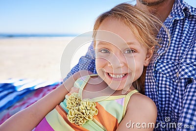 Portrait, beach and father with girl, smile and relax with happiness and family with vacation. Face, single parent and Stock Photo