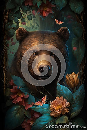 Portrait of a bear among roses and palm leaves Stock Photo