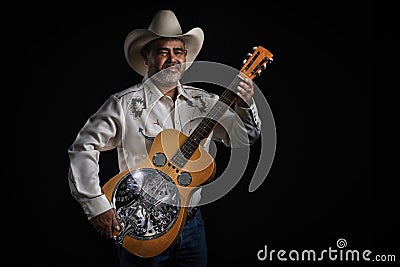 Portrait of bearded Asian musician dons cowboy attire, clutching a Dobro guitar on a black backdrop Stock Photo