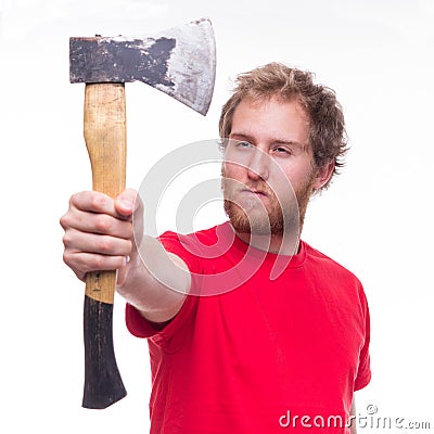 Portrait of bearded lumberjack with an axe Stock Photo