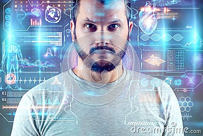 Portrait of a bearded man against the background of a hologram with various details. The concept of new technologies, database, Stock Photo