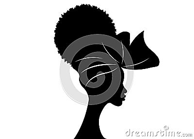 Portrait beautiful African woman in traditional turban and Afro frizzy curly hair, black women vector silhouette isolated , logo Vector Illustration