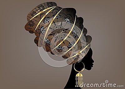 Portrait beautiful African woman in traditional turban, Kente head wrap African, Traditional dashiki printing, black Afro women Vector Illustration