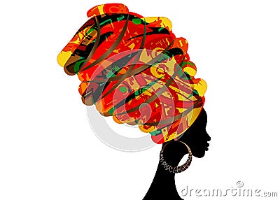 Portrait beautiful African woman in traditional turban, Kente head wrap African, Traditional dashiki printing, black Afro women Vector Illustration