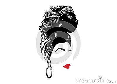 Portrait beautiful African woman in traditional turban, Kente head wrap, dashiki printing, Afro women scarf vector silhouette Vector Illustration