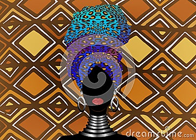 Portrait beautiful African woman in traditional turban, Kente head wrap, dashiki printing, black Afro scarf vector silhouette Vector Illustration