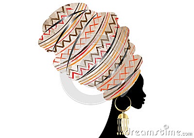 Portrait beautiful African woman in traditional turban, Kente head wrap African, Traditional dashiki printing, black afro women Vector Illustration