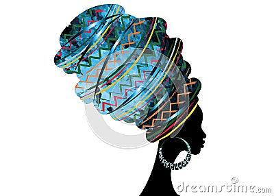 Portrait beautiful African woman in traditional turban red Kente head wrap African, Traditional dashiki printing, black afro women Vector Illustration