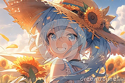 portrait of a beautiful anime girl with blue hair in a straw hat on a field of sunflowers Stock Photo