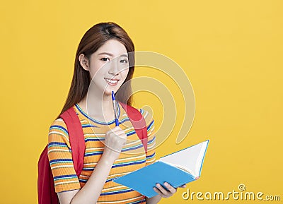 beautiful asian student studying and thinking Stock Photo