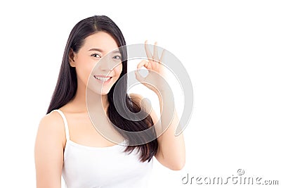 Portrait of beautiful asian woman makeup of cosmetic, beauty of girl with face smile and gesture ok attractive isolated Stock Photo