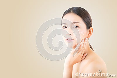 Portrait of beautiful asian woman makeup of cosmetic, girl hand touch cheek and smile Stock Photo