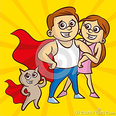 Portrait of beautiful athletic couple. Man and cat in a superhero cloak Stock Photo