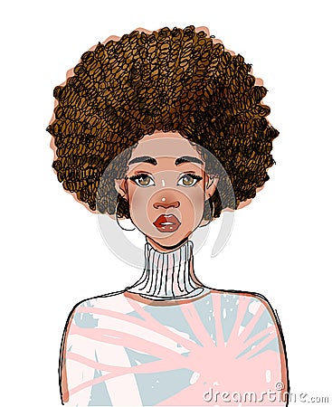 Portrait of a beautiful black woman model. Modern afro american girl with curly hair. Vector illustration isolated on a Vector Illustration