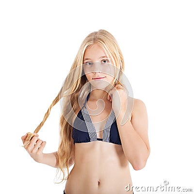 Portrait of a beautiful blonde European girl wearing swimming suit. Stock Photo