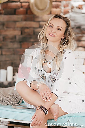 Portrait of beautiful blonde girl in boho style Stock Photo