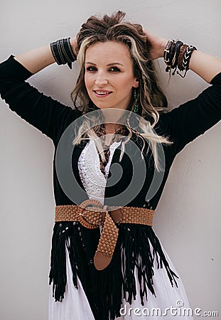 Portrait of beautiful blonde girl in boho style Stock Photo